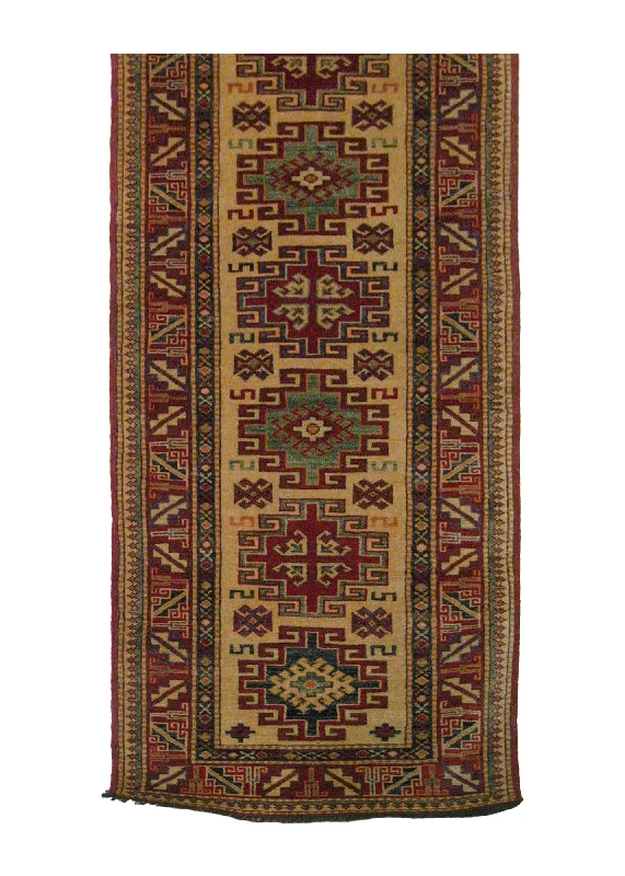 Oriental Rug Pakistani Handmade Runner Transitional Tribal 2'1"x5'11" (2x6) Whites/Beige Red Blue Ghazni Kazak Geometric Design #A18341