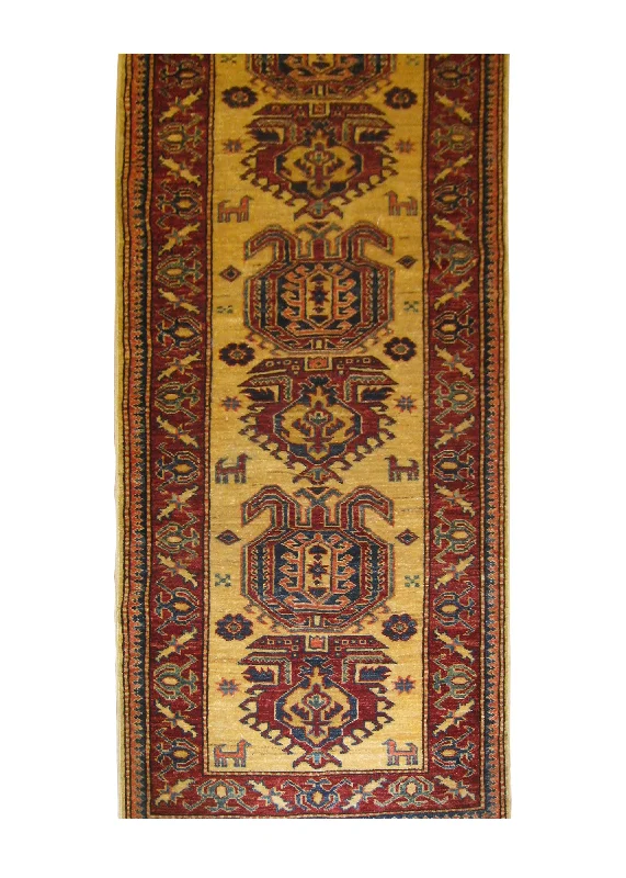 Oriental Rug Pakistani Handmade Runner Transitional Tribal 2'5"x8'4" (2x8) Whites/Beige Red Blue Kazak Geometric Design #A26295