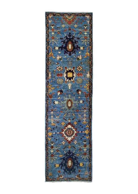 Oriental Rug Pakistani Handmade Runner Transitional Tribal 2'8"x9'6" (3x10) Blue Geometric Heriz Design #A34952