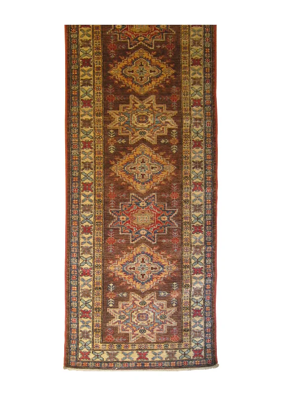 Oriental Rug Pakistani Handmade Runner Transitional Tribal 2'6"x9'7" (3x10) Brown Ghazni Kazak Geometric Design #A26876