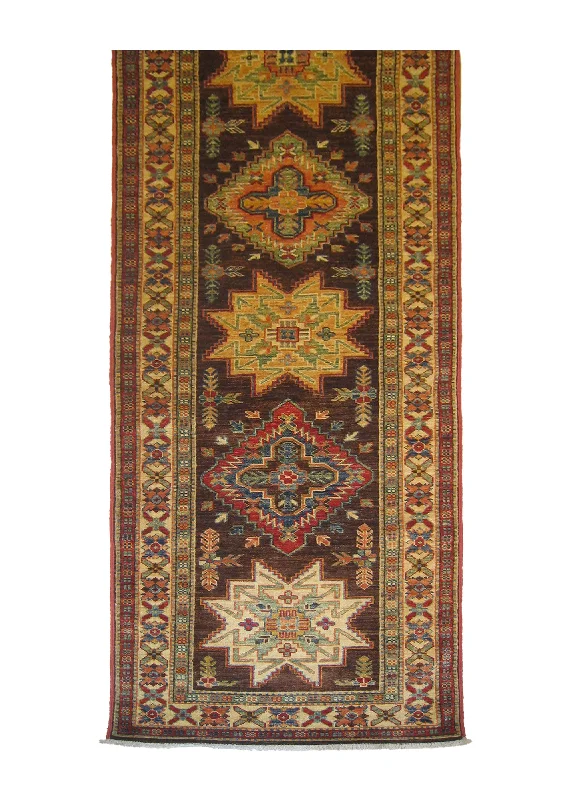 Oriental Rug Pakistani Handmade Runner Transitional Tribal 2'7"x9'7" (3x10) Brown Ghazni Kazak Geometric Design #A26878