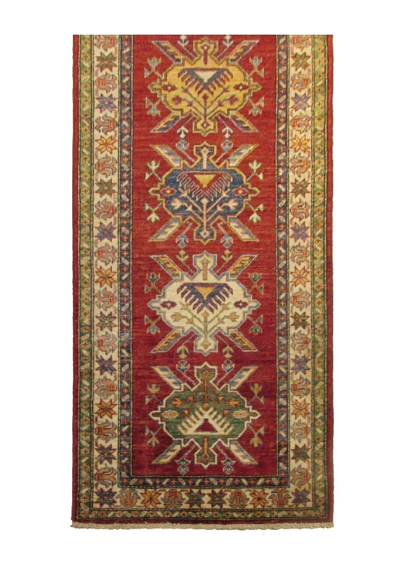 Oriental Rug Pakistani Handmade Runner Transitional Tribal 2'7"x10'5" (3x10) Red Green Kazak Geometric Design #A29165