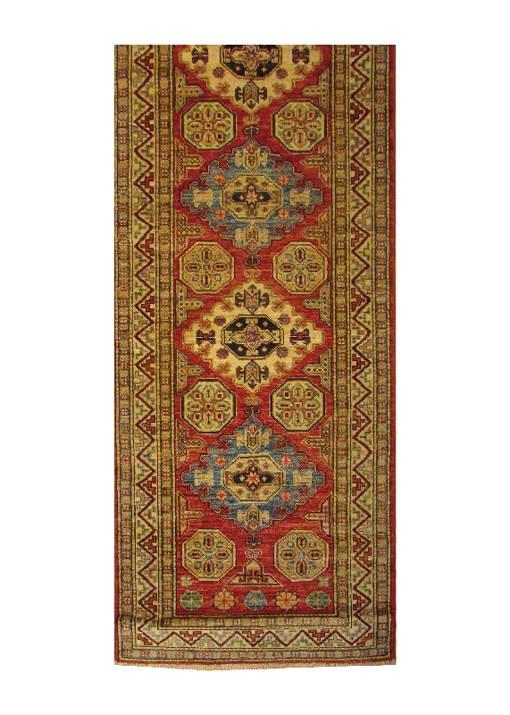 Oriental Rug Pakistani Handmade Runner Transitional Tribal 2'9"x10'0" (3x10) Red Whites/Beige Blue Kazak Geometric Design #A28775