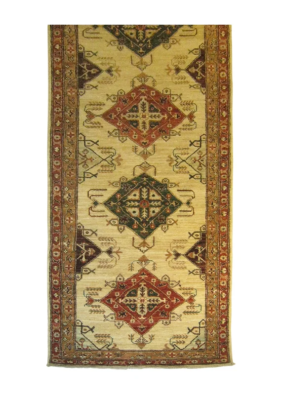 Oriental Rug Pakistani Handmade Runner Transitional Tribal 2'8"x9'6" (3x10) Whites/Beige Red Ariana Geometric Kazak Design #A26013