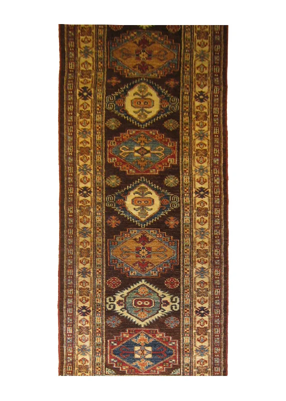 Oriental Rug Pakistani Handmade Runner Transitional Tribal 2'7"x10'6" (3x11) Brown Ghazni Kazak Geometric Design #A26912