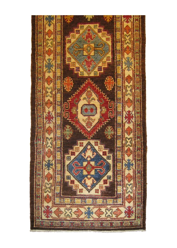 Oriental Rug Pakistani Handmade Runner Transitional Tribal 2'6"x11'11" (3x12) Brown Ghazni Kazak Geometric Design #A26905