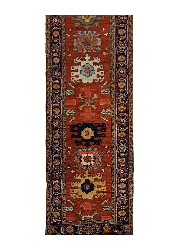 Oriental Rug Pakistani Handmade Runner Transitional Tribal 3'1"x13'4" (3x13) Red Serapi Geometric Design #A29998