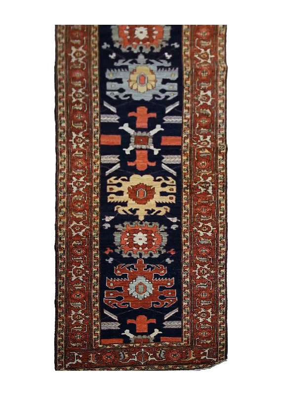 Oriental Rug Pakistani Handmade Runner Transitional Tribal 3'2"x13'10" (3x14) Blue Red Serapi Geometric Design #A29950