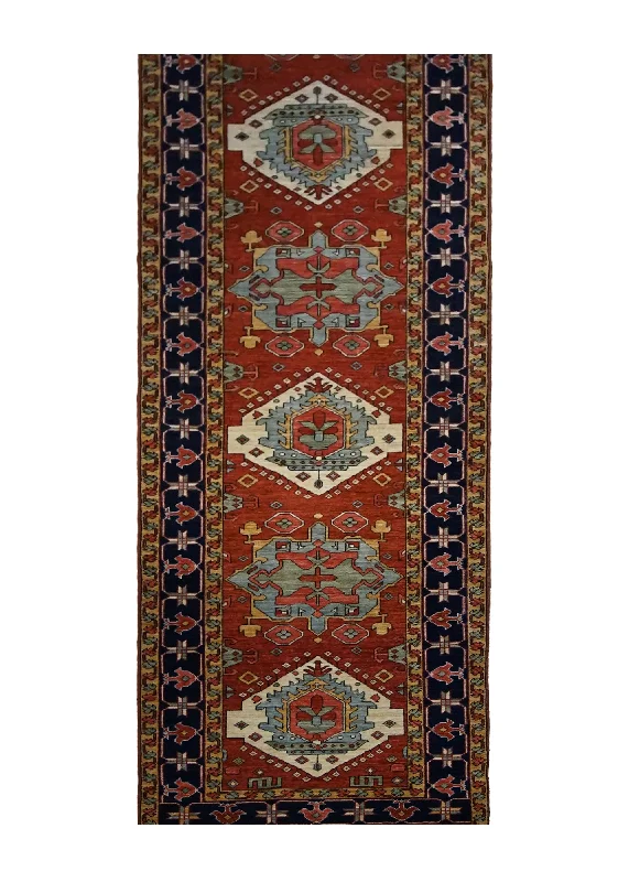 Oriental Rug Pakistani Handmade Runner Transitional Tribal 3'2"x14'3" (3x14) Red Serapi Geometric Design #A29997