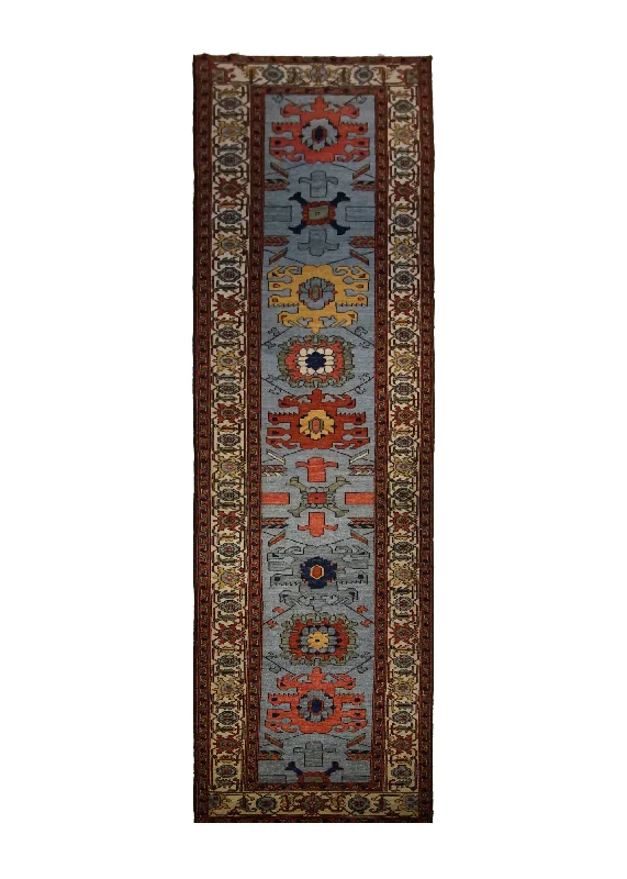 Oriental Rug Pakistani Handmade Runner Transitional Tribal 3'4"x15'9" (3x16) Blue Whites/Beige Serapi Geometric Design #A29989