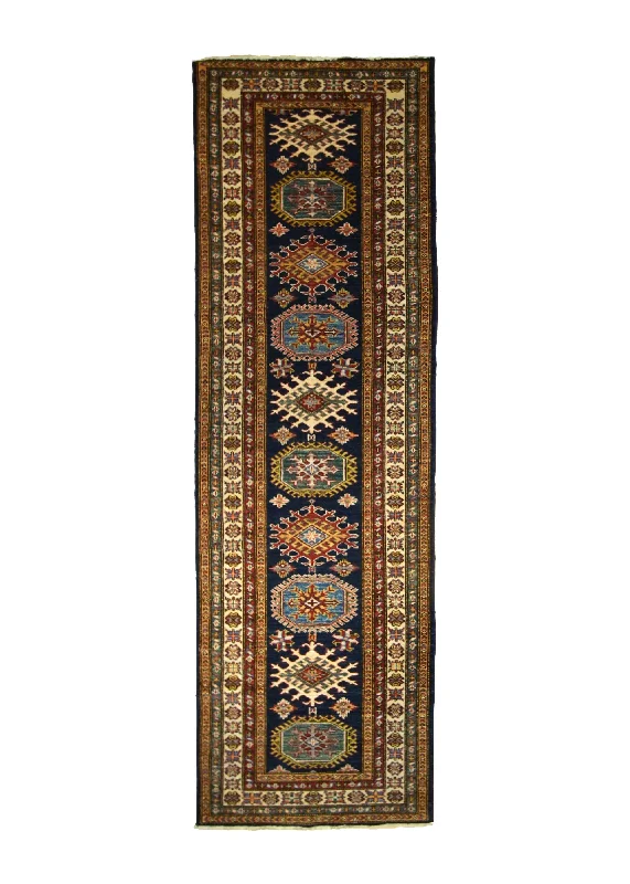 Oriental Rug Pakistani Handmade Runner Transitional Tribal 2'8"x8'9" (3x9) Blue Whites/Beige Green Kazak Geometric Design #A30016