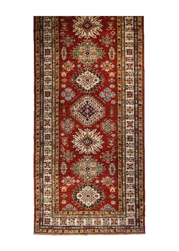 Oriental Rug Pakistani Handmade Runner Transitional Tribal 4'2"x10'2" (4x10) Red Kazak Geometric Design #A29333