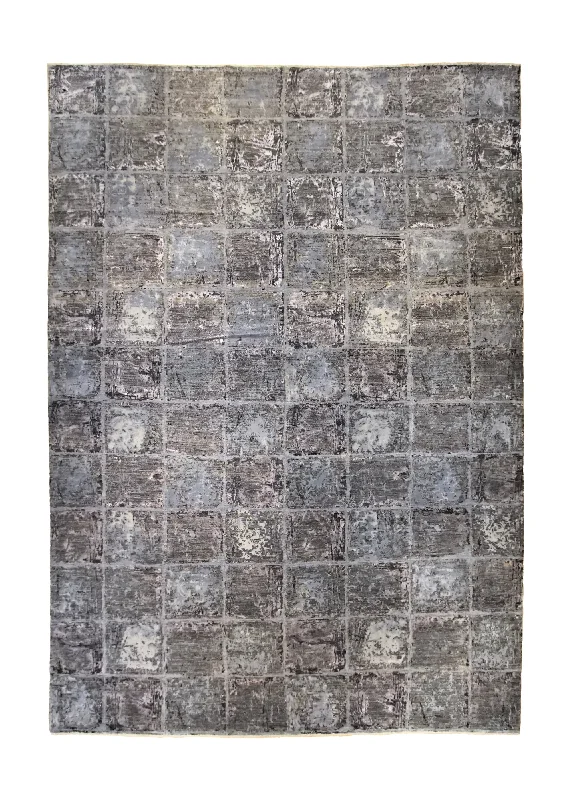 Oriental Rug Pakistani Handmade Area Modern Neutral 10'1"x14'0" (10x14) Gray Abstract Checkered Design #A34842