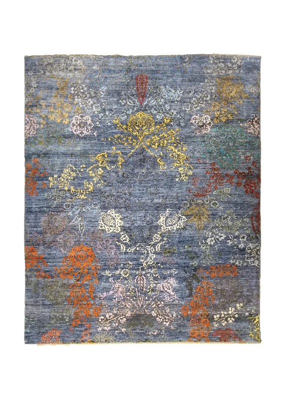 Oriental Rug Pakistani Handmade Area Transitional Modern 8'1"x9'10" (8x10) Blue Orange Yellow/Gold Abstract Floral Design #A34960