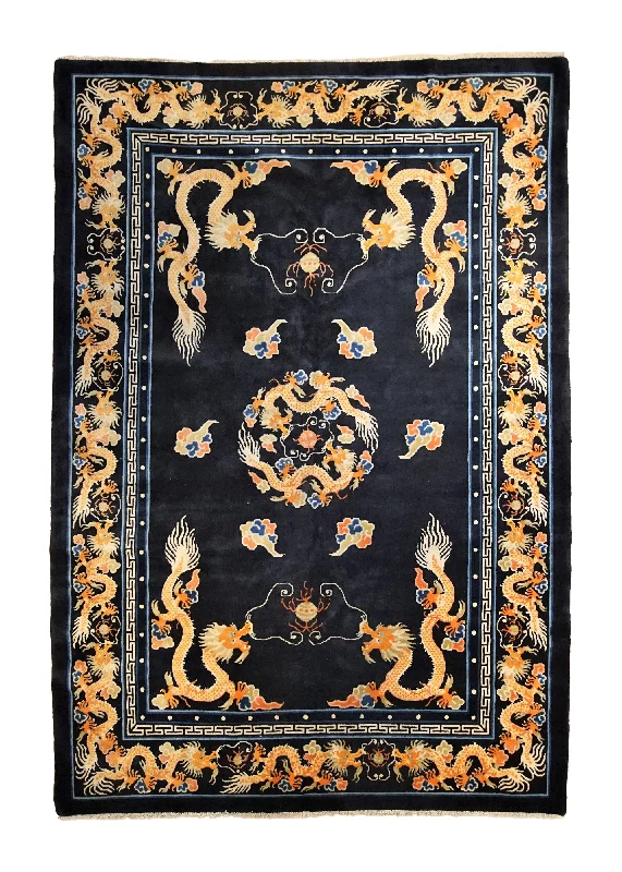 Oriental Rug Tibetan Handmade Area Traditional 6'0"x8'10" (6x9) Black Yellow/Gold Pictorial Design #A34813