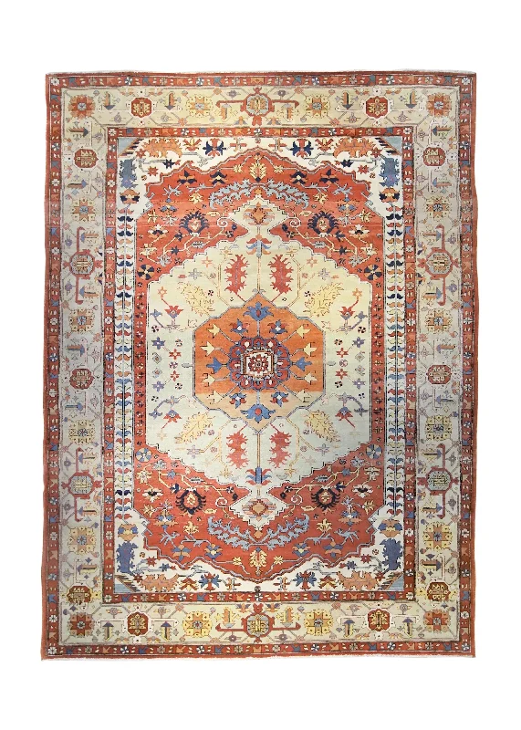 Oriental Rug Turkish Handmade Area Traditional 10'2"x13'8" (10x14) Red Whites/Beige Geometric Design #A34809