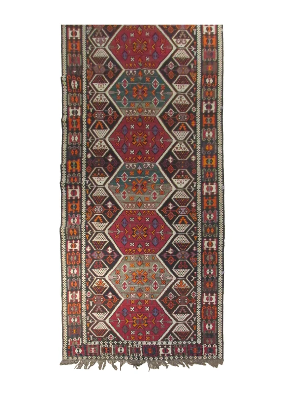 Oriental Rug Turkish Handmade Runner Antique 4'2"x12'9" (4x13) Brown Green Red Kilim Geometric Design #A29858