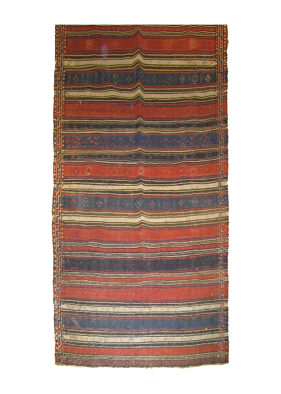 Oriental Rug Turkish Handmade Runner Tribal Antique 4'10"x12'0" (5x12) Blue Red Stripes Design #A26614