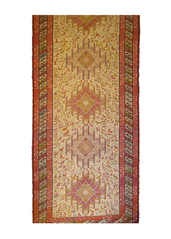 Persian Rug Azerbaijan Handmade Runner Tribal 2'6"x9'4" (3x9) Whites/Beige Pink Kilim Geometric Design #A26086