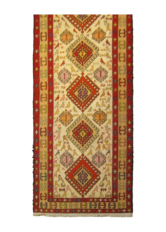 Persian Rug Azerbaijan Handmade Runner Tribal 2'6"x9'0" (3x9) Whites/Beige Red Kilim Geometric Design #A26087