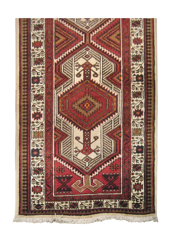 Persian Rug Azerbaijan Handmade Runner Tribal 3'5"x11'0" (3x11) Red Whites/Beige Geometric Design #A17076