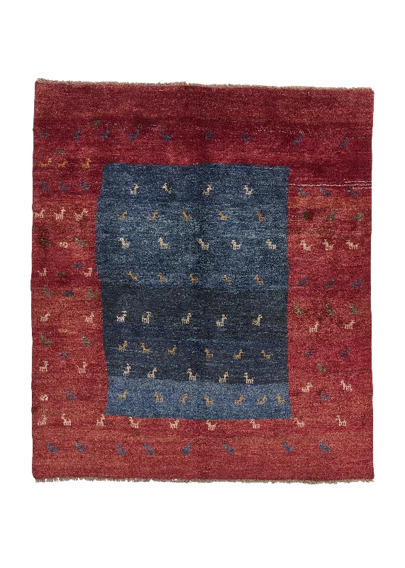 Persian Rug Gabbeh Handmade Area Tribal 6'2"x7'2" (6x7) Red Blue Pictorial Design #31126