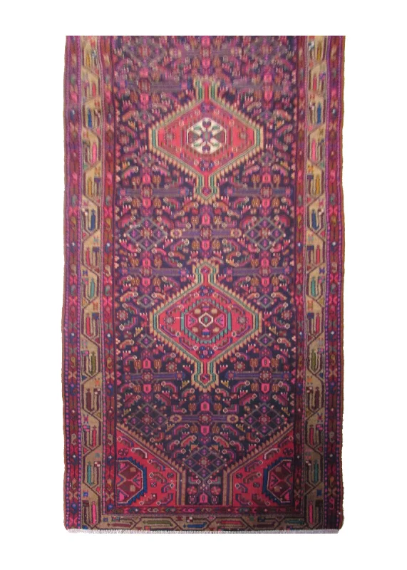 Persian Rug Gharajeh Handmade Runner Tribal 3'4"x10'11" (3x11) Blue Pink Geometric Design #A29702