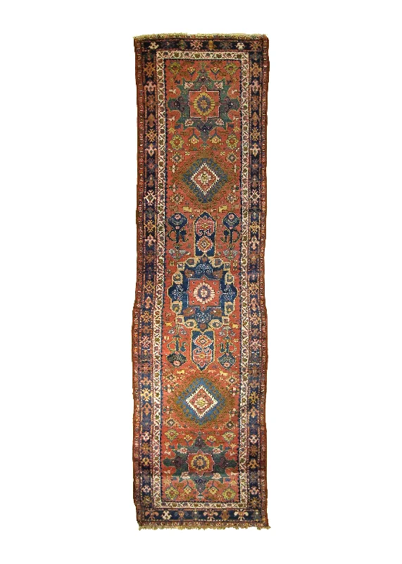 Persian Rug Gharajeh Handmade Runner Tribal Antique 3'0"x10'11" (3x11) Pink Blue Geometric Design #A28374