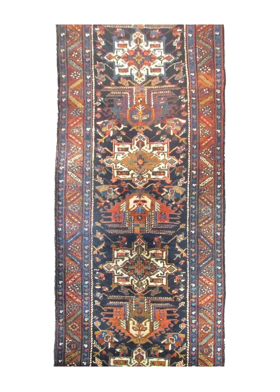 Persian Rug Gharajeh Handmade Runner Tribal Antique 3'1"x18'11" (3x19) Blue Red Whites/Beige Geometric Design #A28376