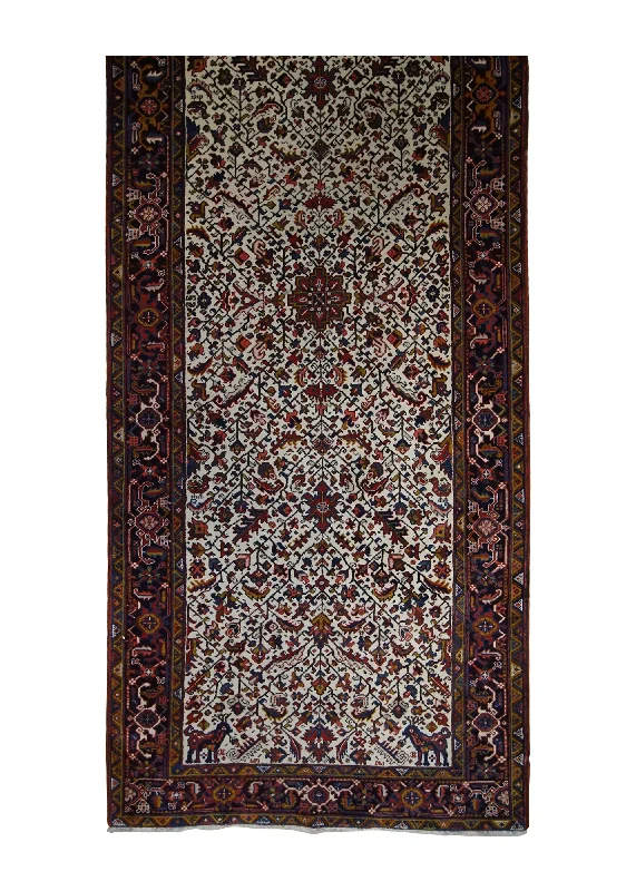 Persian Rug Heriz Handmade Runner Tribal 5'0"x13'1" (5x13) Whites/Beige Red Geometric Design #A29617