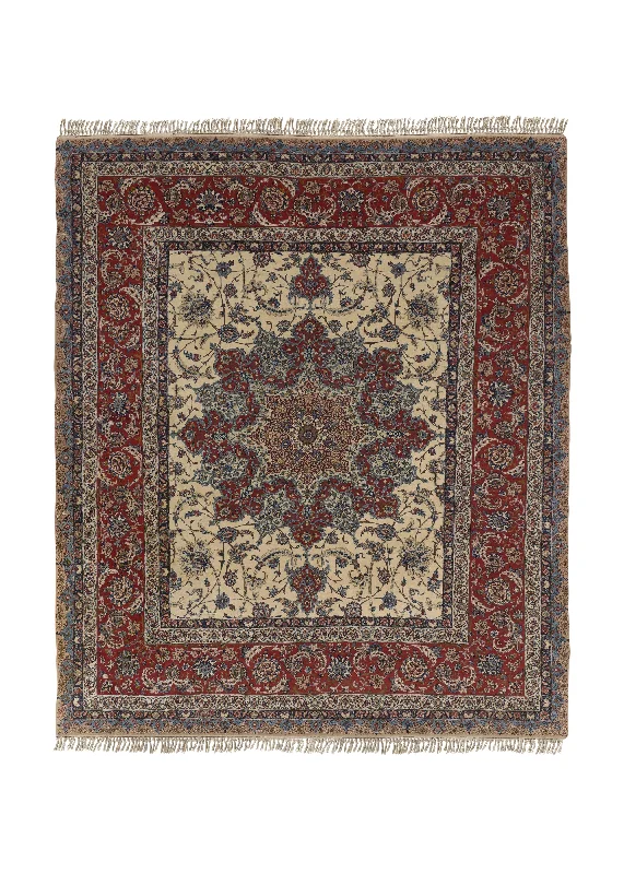 Persian Rug Isfahan Handmade Area Traditional 7'11"x9'4" (8x9) Red Whites/Beige Floral Design #18894