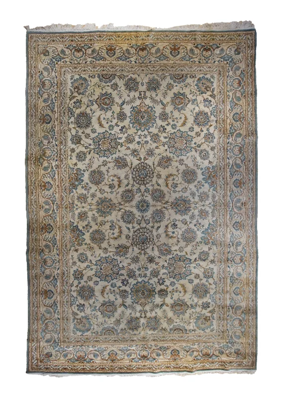 Persian Rug Kashan Handmade Area Traditional 8'8"x12'9" (9x13) Whites/Beige Blue Floral Design #A34742