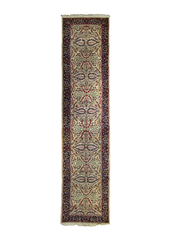 Persian Rug Lavar Kerman Handmade Runner Traditional 3'3"x13'9" (3x14) Whites/Beige Blue Floral Design #A16149