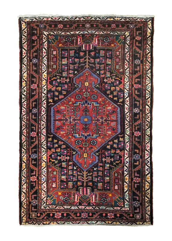 Persian Rug Nahavand Handmade Area Tribal 4'3"x6'8" (4x7) Red Blue Geometric Design #A34788