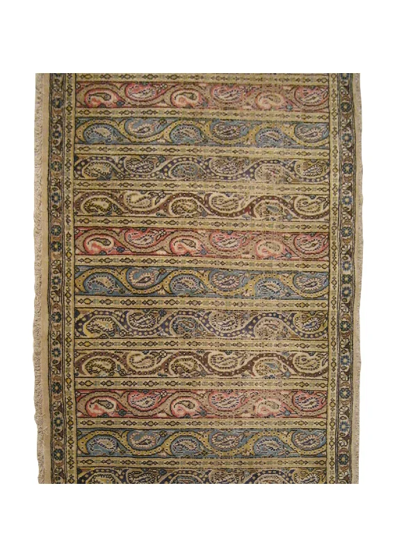 Persian Rug Qum Handmade Runner Traditional 3'4"x7'4" (3x7) Red Whites/Beige Yellow/Gold Paisley/Boteh Design #A14993