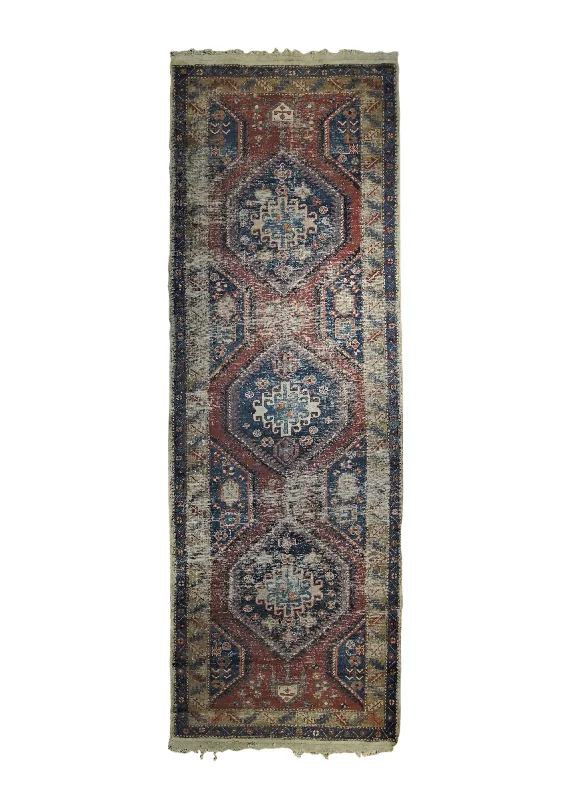 Persian Rug Saraband Handmade Runner Antique Tribal 3'8"x11'5" (4x11) Blue Red Distressed Geometric Design #A34789