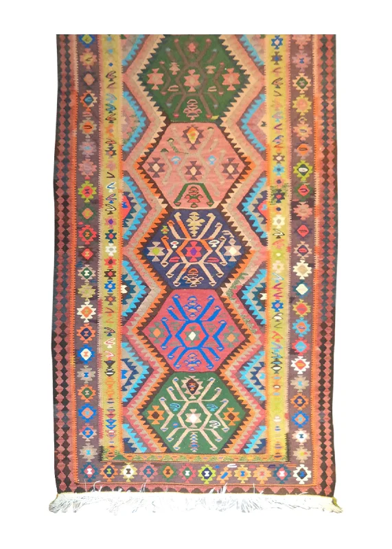 Persian Rug Senneh Handmade Runner Tribal 3'5"x9'3" (3x9) Multi-color Brown Kilim Geometric Design #A27758