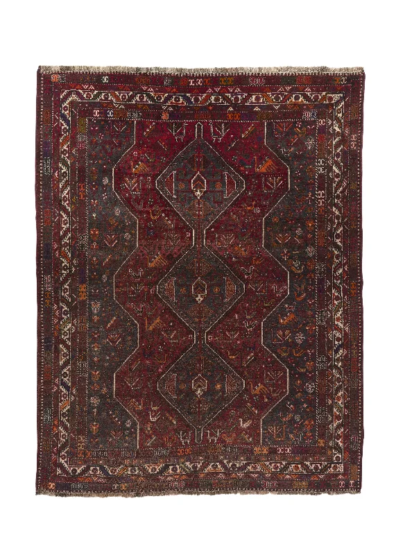 Persian Rug Shiraz Handmade Area Tribal Vintage 7'8"x9'8" (8x10) Red Gray Geometric Animals Design #35596