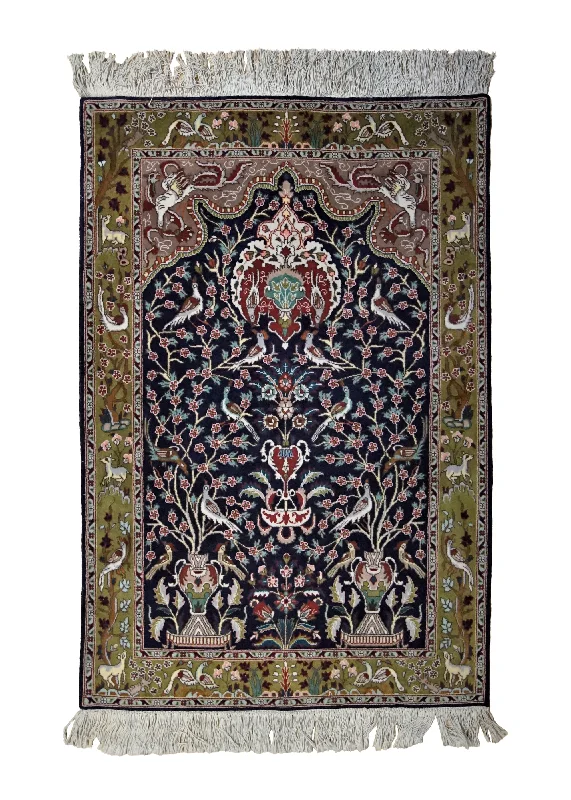 Persian Rug Tabriz Handmade Area Traditional 3'3"x4'9" (3x5) Blue Green Tree of Life Prayer Rug Design #A34978