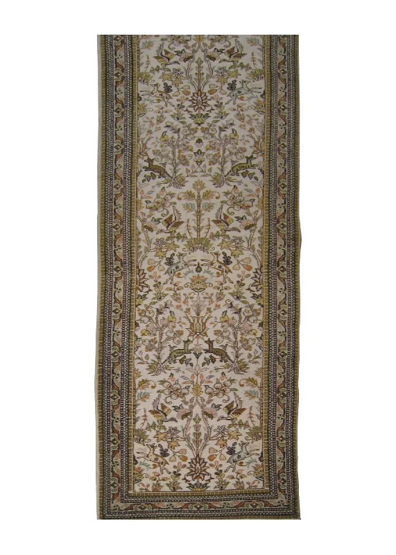 Persian Rug Tabriz Handmade Runner Traditional 2'7"x10'8" (3x11) Whites/Beige Yellow/Gold Tree of Life Animals Design #A26484