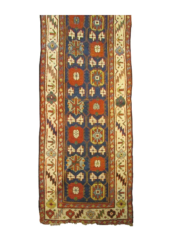 Persian Rug Varamin Handmade Runner Tribal Antique 3'4"x14'0" (3x14) Blue Whites/Beige Red Geometric Design #A29213