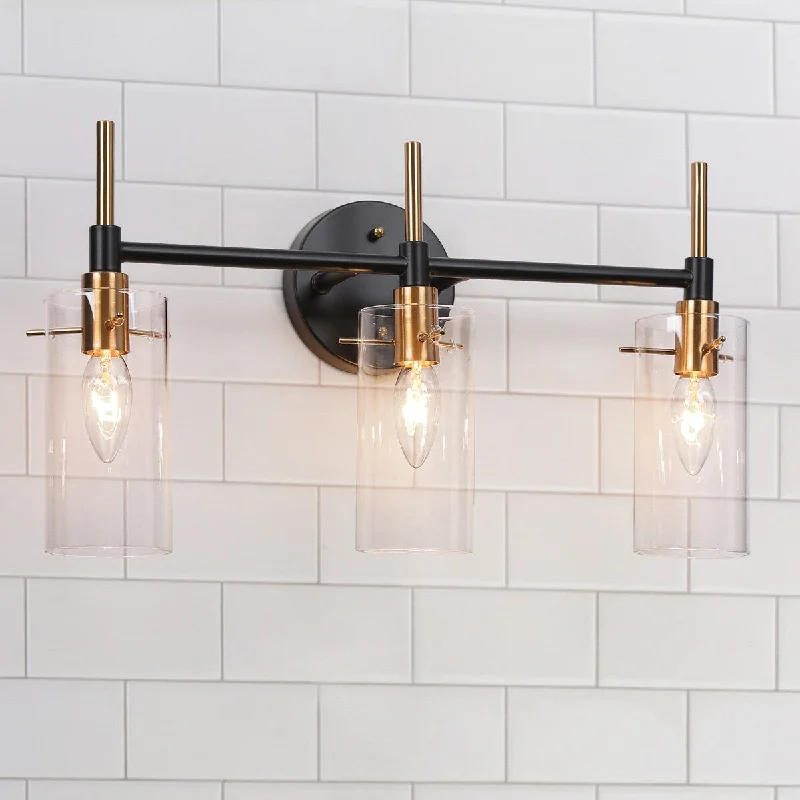 3-Light Modern Bathroom Vanity Lights Black Gold Wall Sconces with Cylinder Glass - 19.5" L x 6" W x 11" H