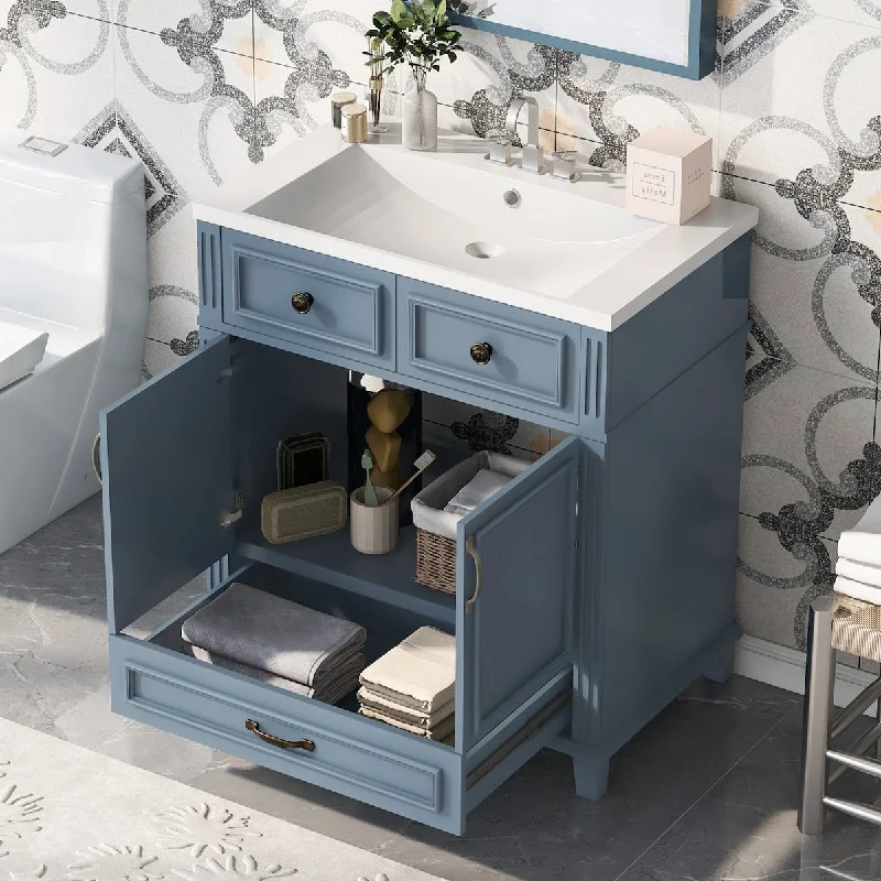 30'' Bathroom Vanity with Resin Sink,Solid Wood Frame Bathroom Storage Cabinet with Soft Closing Doors