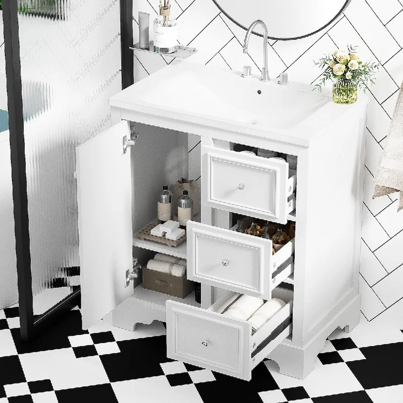 30-Inch Bathroom Vanity Cabinet with Ceramic Basin, 3 Drawers and Adjustable Shelves