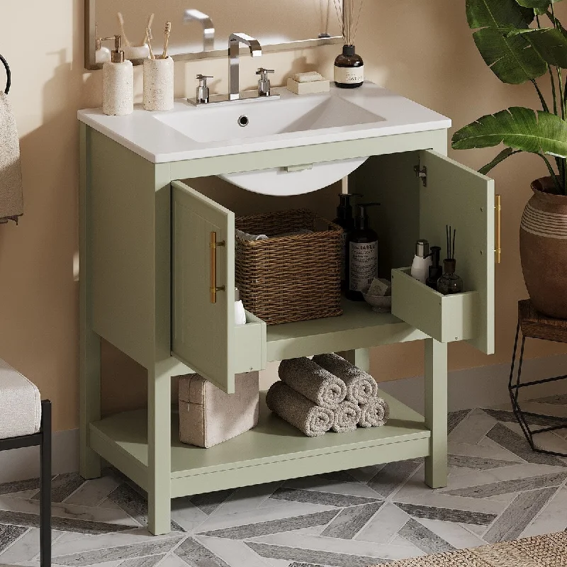 30-Inch Green Bathroom Vanity with Ceramic Sink and Versatile Storage for Small Bathrooms