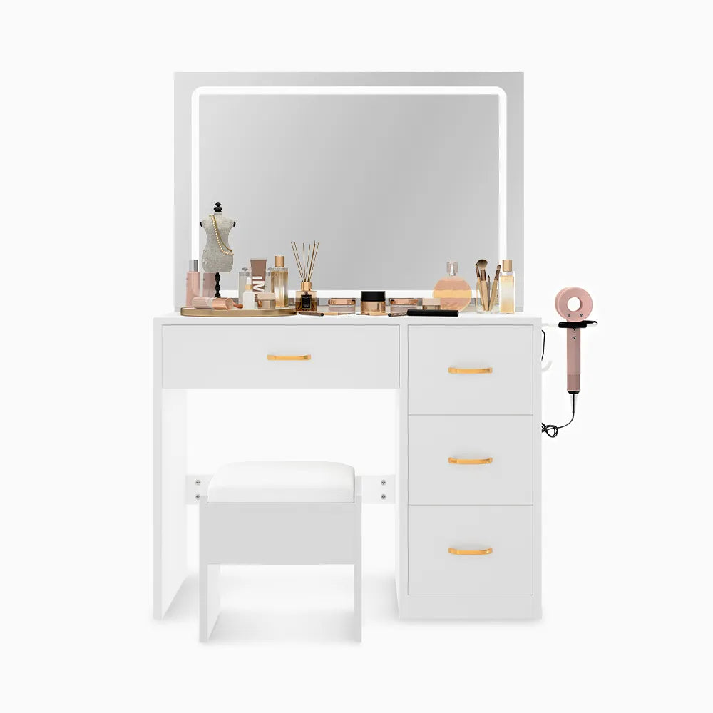 36" Modern Mirror Makeup Vanity with 4 Drawers Charging Station and Light Strip - $240