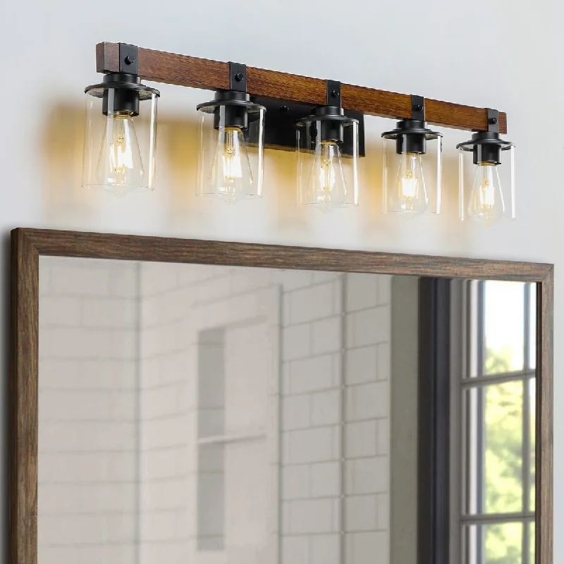 5-Lights Farmhouse Vanity Lights Fixture Rustic Bathroom Light Fixture Bathroom Sconce(Without Bulbs) - Walnut+black