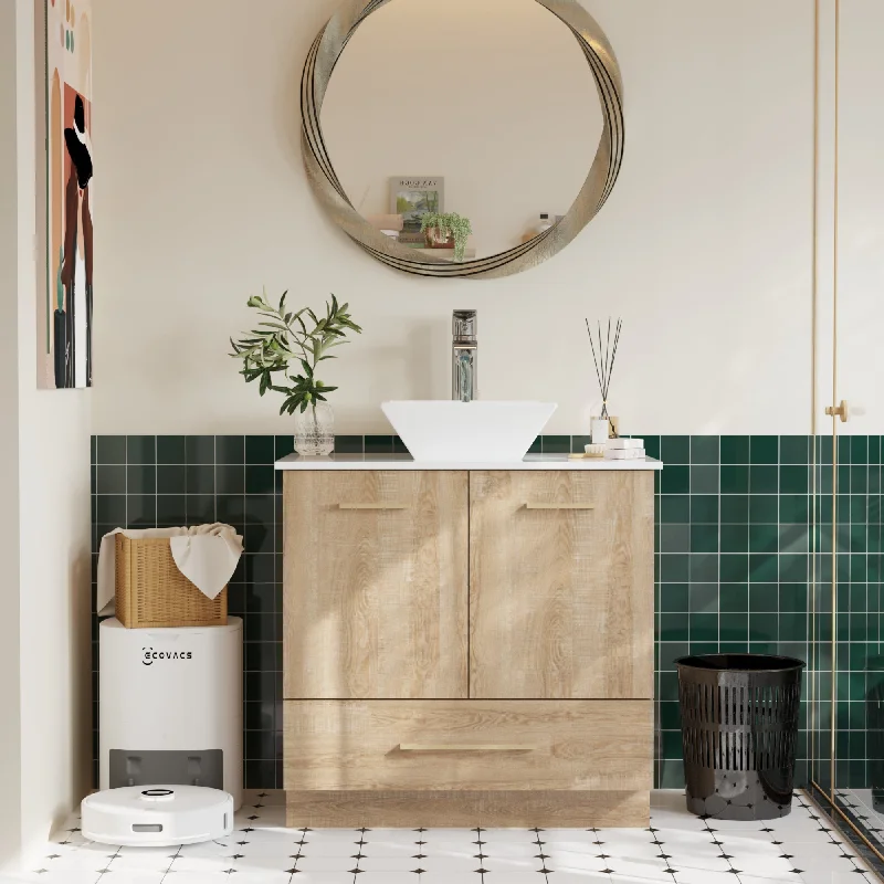 Modern Bathroom Vanity Cabinet with White Stone Vessel Sink