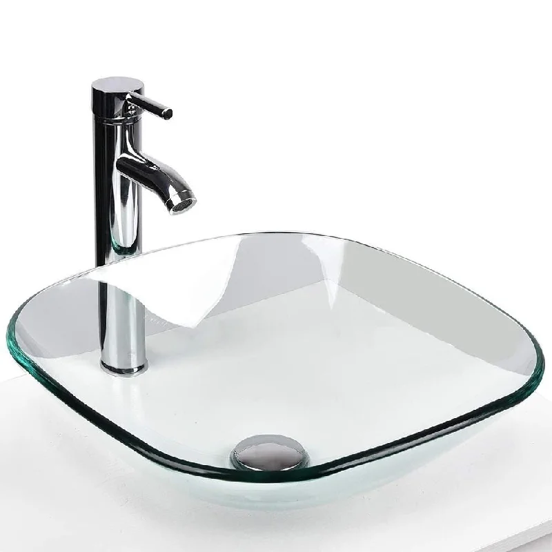 Bathroom Vessel Sink Tempered Glass Countertop Basin Bowl Square - 16" x 5"