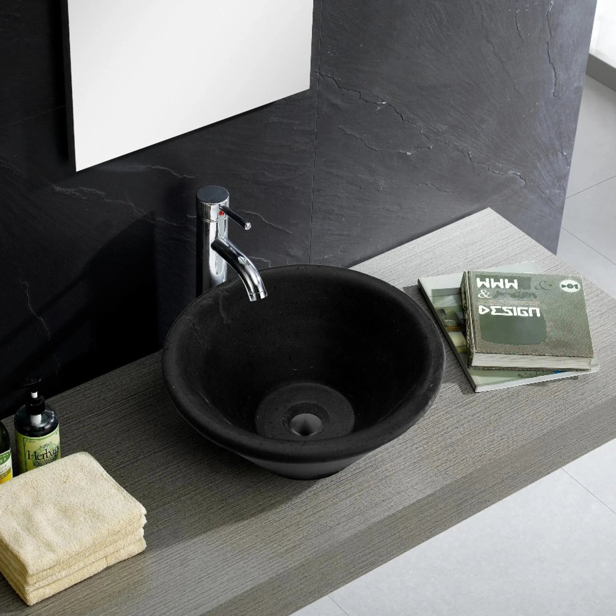 Black Andesite Natural Stone V-Shape Tapered Bathroom Sink Honed-Matte (D)16" (H)6"